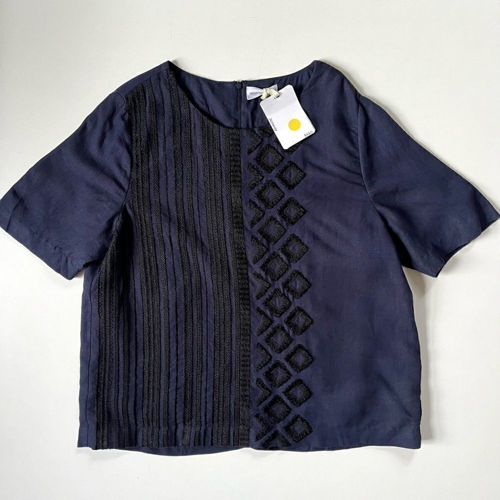Women's Navy Embroidered Short-Sleeve Blouse